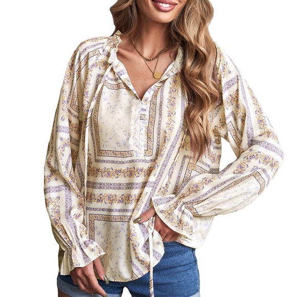 Tops - Beige V Neck Lantern Sleeve Drawstring Tribal
Print Top Bohemian Blouse